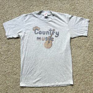 90s Country Music Textured Print Jerzees Single Stitch Gray T-Shirt Size M